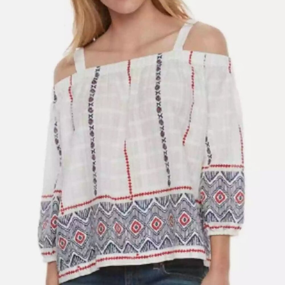 Cotttagecore Top NEWRed White Blue Embroidered Off Shoulder New York & Co